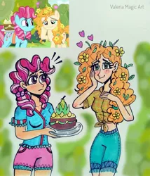 Size: 3120x3643 | Tagged: safe, artist:valeriamagicart, derpibooru import, screencap, cup cake, pear butter, human, the perfect pear, blushing, cake, chiffon swirl, clothes, cute, flower, flower in hair, food, front knot midriff, humanized, implied bright mac, messy mane, midriff, pear, pearabetes, scene interpretation, screencap reference, shorts