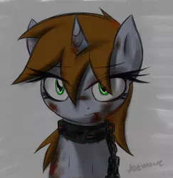 Size: 1051x1080 | Tagged: source needed, semi-grimdark, artist:jetwave, derpibooru import, oc, oc:littlepip, unofficial characters only, pony, unicorn, fallout equestria, fanfic, /foe/, abstract background, absurd resolution, blood, bomb collar, bruised, bust, chains, collar, dirty, fanfic art, female, frown, glare, horn, looking at you, mare, nose wrinkle, portrait, slave, slave collar, solo