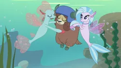 Size: 1280x720 | Tagged: safe, derpibooru import, screencap, ocellus, silverstream, yona, changedling, changeling, seapony (g4), yak, non-compete clause, cloven hooves, disguise, disguised changeling, eyes closed, female, helmet, monkey swings, reeds, seaponified, seapony ocellus, seapony silverstream, seaweed, species swap, swimming, underwater