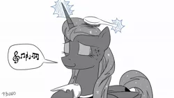 Size: 1200x675 | Tagged: safe, artist:pony-berserker, derpibooru import, princess luna, alicorn, pony, brush, eyes closed, female, hoof on chest, hoof shoes, humming, i can't believe it's not idw, magic, mare, monochrome, music notes, neo noir, partial color, pictogram, pony-berserker's twitter sketches, simple background, solo, stippling, telekinesis, white background