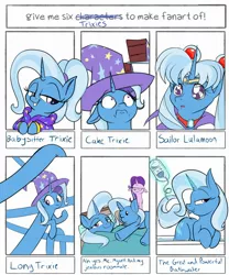 Size: 2000x2400 | Tagged: safe, artist:rocket-lawnchair, derpibooru import, starlight glimmer, trixie, pony, unicorn, six fanarts, 3:, ah yes me my girlfriend and her x, alternate hairstyle, babysitter trixie, bath water, bed, cake, clothes, duckface, everything is cake, female, floppy ears, food, frown, gamer girl bath water, grin, hat, hoodie, lidded eyes, long pony, long trixie, looking at you, looking up, meme, open mouth, pun, sailor moon, sailor moon redraw meme, self ponidox, serena tsukino, simple background, smiling, smirk, smug, trixie's hat, unamused, wat, white background, wide eyes, worried