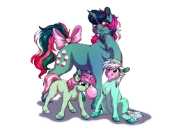 Size: 3000x2300 | Tagged: safe, artist:lupiarts, derpibooru import, fizzy, lyra heartstrings, minty bubblegum, pony, unicorn, bow, bubble, bubblegum, chest fluff, cute, female, filly, food, g1, gum, headcanon, mother and child, mother and daughter, siblings, simple background, sisters, tail bow, transparent background, unshorn fetlocks