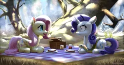 Size: 1631x856 | Tagged: safe, artist:robsa990, derpibooru import, fluttershy, rarity, pegasus, pony, snake, unicorn, basket, bread, duo, ear fluff, female, food, lying down, mare, ophidiophobia, picnic, picnic basket, picnic blanket, profile, prone, shocked, snek, terrified