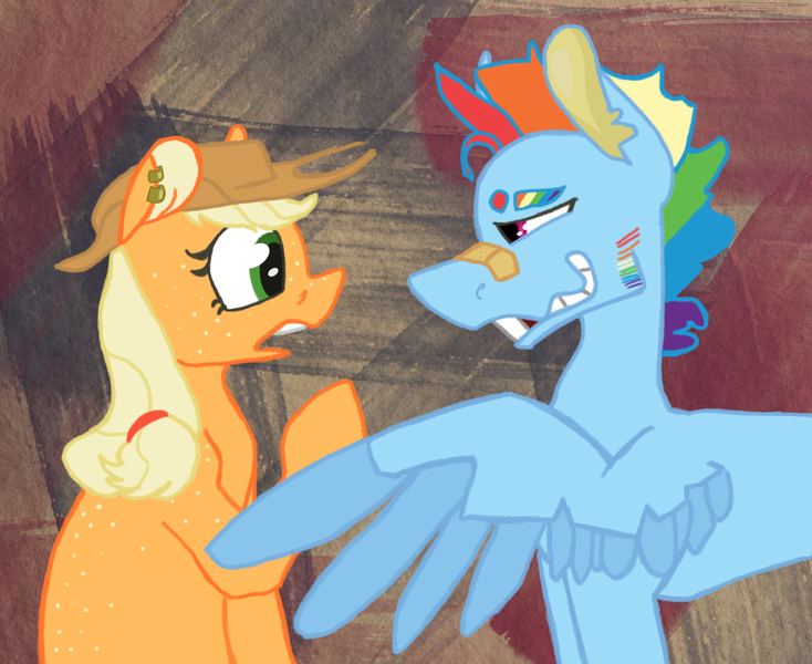 Size: 1280x1046 | Tagged: safe, artist:losemeh, derpibooru import, applejack, rainbow dash, earth pony, pegasus, pony, abstract background, alternate design, amazed, appleblitz (straight), appledash, applejack's hat, broken teeth, cowboy hat, ear piercing, female, gap teeth, hairband, half r63 shipping, hat, lesbian, looking at each other, male, mare, patch, piercing, plaster, ponytail, rainbow blitz, raised hoof, redesign, rule 63, scrunchie, shipping, shocked, smiling, spread wings, stallion, straight, surprised, torn ear, two toned wings, wings