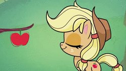 Size: 1920x1080 | Tagged: safe, derpibooru import, screencap, applejack, earth pony, pony, my little pony: pony life, spoiler:pony life s01e20, spoiler:pony life s01e34, animated, apple, apple tree, applejack's hat, basket, cowboy hat, eyes closed, female, food, freckles, hat, heart, laughing, mare, rainbow, smiling, solo, sound, talking, the 5 habits of highly effective ponies, tree, webm