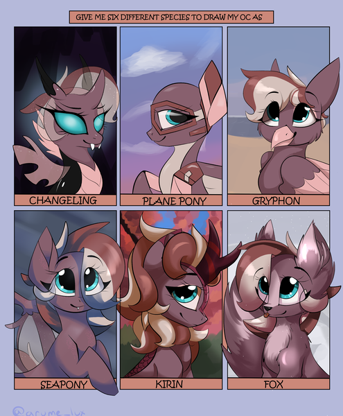 Size: 2305x2794 | Tagged: safe, artist:arume_lux, derpibooru import, oc, oc:efflorescence, changeling, fox, gryphon, kirin, original species, plane pony, pony, seapony (g4), six fanarts, brown changeling, female, image, plane, png, six species