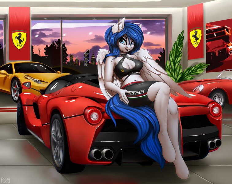 Size: 3500x2778 | Tagged: safe, artist:pony-way, derpibooru import, oc, oc:graceful motion, anthro, pegasus, unguligrade anthro, car, clothes, ear fluff, female, ferrari, ferrari 458 italia, ferrari laferrari, looking at you, pegasus oc, sitting, solo, wings