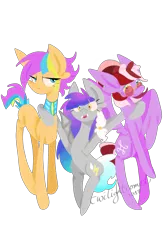 Size: 2000x3000 | Tagged: safe, artist:twilightcomet, derpibooru import, oc, oc:autumn equinox, oc:flicker flash, oc:ruby perl, unofficial characters only, bat pony, pony, bat pony oc, bat wings, female, mare, open mouth, side hug, signature, simple background, smiling, sunglasses, transparent background, wings