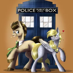 Size: 2000x2000 | Tagged: safe, artist:sugar0612, derpibooru import, derpy hooves, ditzy doo, doctor whooves, time turner, earth pony, pegasus, pony, lovestruck derpy, blushing, couple, crossover, doctor who, doctorderpy, female, heart, male, mare, shipping, stallion, straight, tardis, the doctor
