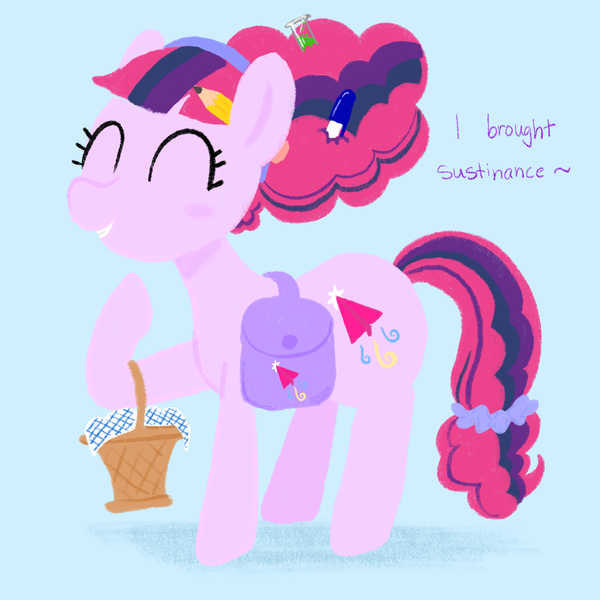 Size: 2048x2048 | Tagged: safe, artist:cailene, derpibooru import, oc, oc:study party, unofficial characters only, earth pony, pony, bag, basket, blue background, female, hoof hold, magical lesbian spawn, misspelling, next generation, offspring, parent:pinkie pie, parent:twilight sparkle, parents:twinkie, saddle bag, simple background, solo