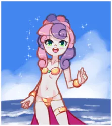 Size: 1230x1390 | Tagged: safe, artist:drantyno, derpibooru import, sweetie belle, equestria girls, alternate hairstyle, beach, belly button, belly dancer, belly dancer outfit, bikini, blushing, bracelet, clothes, female, jewelry, leg bracelet, looking at you, midriff, ocean, solo, swimsuit