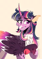 Size: 729x1024 | Tagged: safe, artist:wanderingpegasus, derpibooru import, twilight sparkle, twilight sparkle (alicorn), alicorn, pony, alternate hairstyle, chest fluff, cloven hooves, colored hooves, curved horn, cute, ear fluff, feathered fetlocks, female, freckles, grin, horn, mare, markings, raised hoof, redesign, simple background, smiling, solo, twiabetes, unshorn fetlocks, yellow background