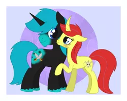 Size: 1659x1316 | Tagged: safe, artist:dyonys, derpibooru import, oc, oc:angelo, oc:maya yamato, pony, unicorn, blushing, curved horn, female, horn, kiss on the cheek, kissing, looking at each other, male, mare, stallion, yamangelo