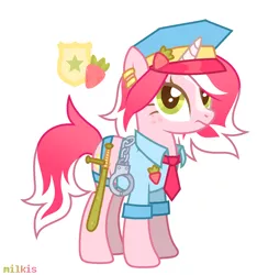 Size: 1296x1383 | Tagged: safe, artist:milkis, derpibooru import, oc, oc:officer sweet strawberry, pony, unicorn, badge, baton, belt, clothes, cuffs, ear piercing, earring, female, food, freckles, hat, jewelry, mare, markings, necktie, nightstick, piercing, po-po, police, police hat, police officer, police uniform, shirt, simple background, solo, strawberry, white background