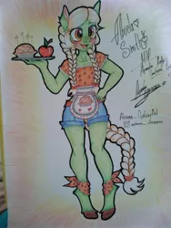 Size: 3072x4096 | Tagged: safe, artist:alejandraarelycc, derpibooru import, granny smith, anthro, unguligrade anthro, apple, apple pie, blushing, clothes, food, pie, ponytail, shorts, smiling, traditional art, tray, younger, young granny smith