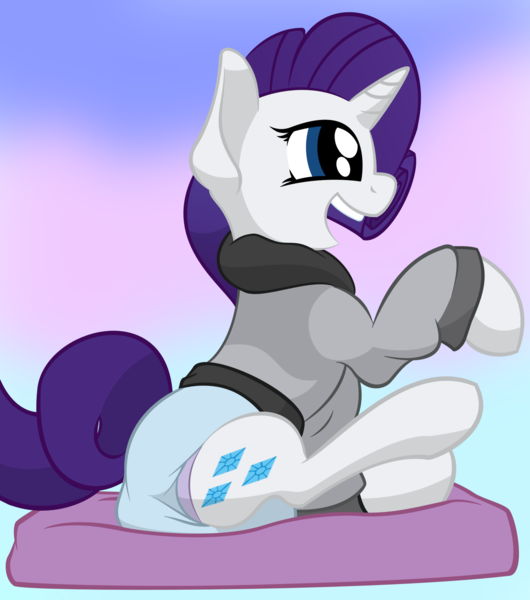 Size: 1876x2124 | Tagged: suggestive, artist:scootsredux, derpibooru import, rarity, pony, unicorn, abstract background, adult foal, changing mat, clothes, comfy, cute, diaper, diaper fetish, female, fetish, lifted leg, non-baby in diaper, robes, shirt, sitting, smiling, solo