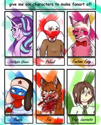 Size: 927x1146 | Tagged: safe, artist:po.prostu.tyna, derpibooru import, starlight glimmer, anthro, fox, pony, unicorn, six fanarts, animatronic, anthro with ponies, blood, bowtie, bust, clothes, countryhumans, crossover, female, five nights at freddy's, funtime foxy, hat, hetalia, lithuania, mare, poland, russia, smiling