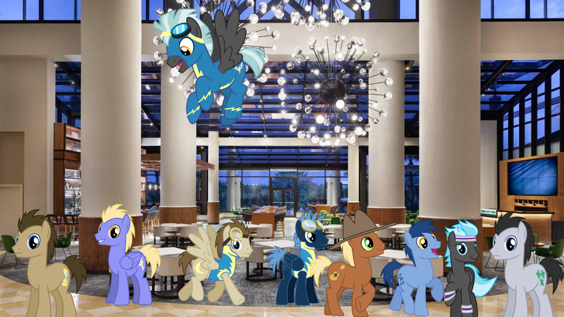 Size: 1920x1080 | Tagged: safe, artist:chainchomp2 edit, derpibooru import, blues, cloudchaser, doctor whooves, lucky clover, meadow song, noteworthy, star hunter, thorn (character), thunderclap, thunderlane, time turner, earth pony, pegasus, pony, hotel, irl, lobby, male, photo, ponies in real life