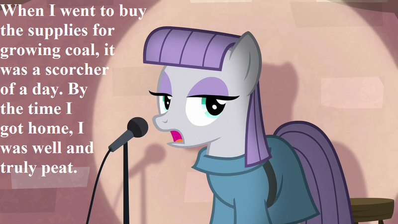 Size: 1280x720 | Tagged: safe, derpibooru import, edit, edited screencap, screencap, maud pie, the maud couple, maud the comedian, microphone, pun, speech, talking