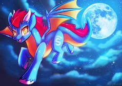 Size: 1130x800 | Tagged: safe, artist:muttasaur, derpibooru import, oc, unofficial characters only, dracony, dragon, hybrid, pony, cloud, commission, cutie mark, digital art, flying, horn, male, moon, night, sky, solo, tail, wings