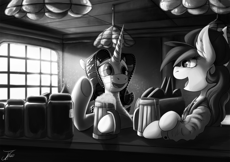 Size: 1750x1237 | Tagged: safe, artist:jamescorck, derpibooru import, oc, oc:appleale, oc:movie slate, earth pony, pony, unicorn, bar, black and white, cider, conversation, earth pony oc, female, grayscale, horn, mare, monochrome, mug, pub, unicorn oc