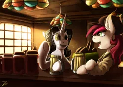 Size: 1750x1237 | Tagged: safe, artist:jamescorck, derpibooru import, oc, oc:appleale, oc:movie slate, earth pony, pony, unicorn, bar, cap, cider, clothes, colored, conversation, digital art, duo, earth pony oc, female, hat, hooves, horn, image, looking at each other, looking at someone, mare, mug, open mouth, png, pub, smiling, unicorn oc