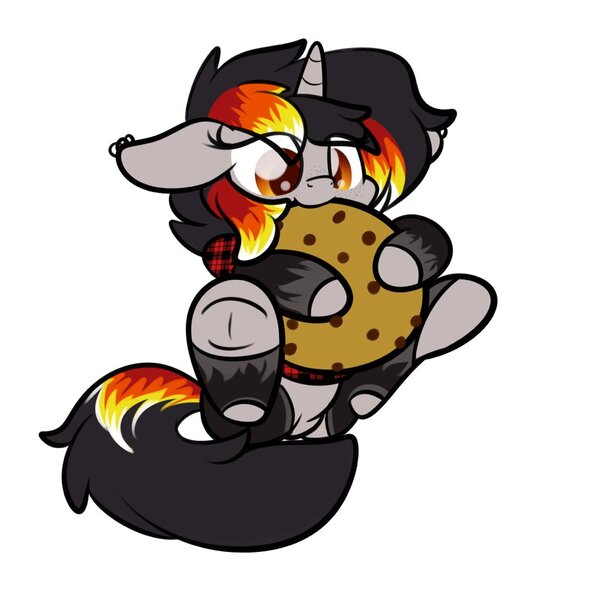 Size: 1019x1024 | Tagged: safe, artist:kimjoman, derpibooru import, part of a set, oc, oc:moonshine, unofficial characters only, pony, unicorn, chocolate chip cookies, clothes, commission, cookie, cute, female, flannel, flannel shirt, food, giant cookie, hockless socks, hoofless socks, piercing, shirt, simple background, socks, solo, stockings, thigh highs, white background, ych result