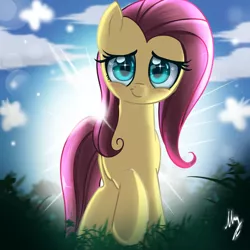 Size: 2300x2300 | Tagged: safe, artist:melanyschaffer, derpibooru import, fluttershy, pegasus, pony, backlighting, blushing, cloud, cute, female, grass, high res, looking at you, mare, shyabetes, signature, sky, smiling, solo, sun