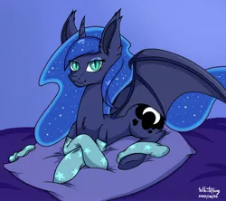 Size: 2200x1950 | Tagged: safe, artist:zackwhitefang, derpibooru import, princess luna, alicorn, bat pony, bat pony alicorn, pony, :3, bat ponified, bat wings, bed, blue background, chest fluff, clothes, ear fluff, ear tufts, eyeshadow, fangs, female, horn, lidded eyes, looking at you, lying down, makeup, mare, missing accessory, pillow, prone, race swap, signature, simple background, slit pupils, smiling, socks, solo, spread wings, underhoof, wings