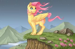 Size: 2048x1344 | Tagged: safe, artist:toonlumps, derpibooru import, fluttershy, pegasus, pony, cliff, female, flower, grass, mare, mountain, mountain range, night, river, rock, smiling, solo, stars, wind, windswept mane