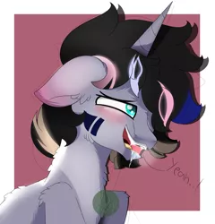 Size: 2420x2520 | Tagged: suggestive, artist:diamondgreenanimat0, derpibooru import, oc, unofficial characters only, unicorn, ahhh, black hair, blue eyes, blushing, colors, eye, eyes, eyeshadow, gray, makeup, male, open mouth, orgasm, red background, salivating, simple background, solo, solo male