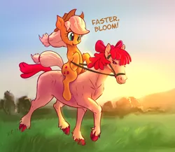 Size: 2025x1759 | Tagged: safe, artist:xbi, derpibooru import, apple bloom, applejack, earth pony, horse, pony, apple bloom's bow, applejack riding apple bloom, blank flank, bow, bridle, cute, female, furry confusion, hair bow, hoers, horse riding a horse, horse-pony interaction, jackabetes, mare, ponies riding horses, ponies riding ponies, riding, species swap, tack, wat