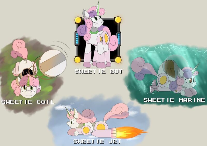 Size: 1280x905 | Tagged: safe, artist:gryphon bbq, derpibooru import, sweetie belle, pony, robot, robot pony, female, flying, megaman, overhead view, rocket, solo, sweetie bot, underwater