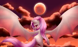 Size: 2000x1200 | Tagged: safe, artist:sweettots, derpibooru import, fluttershy, bat pony, bat ponified, blood moon, cloud, ear fluff, female, flutterbat, full moon, moon, night, profile, race swap, redraw, sky, solo, spread wings, wings