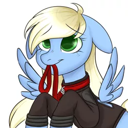 Size: 1200x1200 | Tagged: suggestive, artist:aniyishu, derpibooru import, oc, oc:tailwind, pegasus, pony, fallout equestria, fallout equestria: frozen skies, clothes, collar, commission, cute, enclave, fanfic art, female, grand pegasus enclave, leash, mare, mouth hold, pet play, solo, ych result