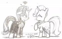 Size: 1096x696 | Tagged: safe, artist:johnerose126, derpibooru import, starlight glimmer, trixie, pony, unicorn, the last problem, clothes, counselor trixie, headmare starlight, laughing, monochrome, older, older starlight glimmer, older trixie, skirt, traditional art