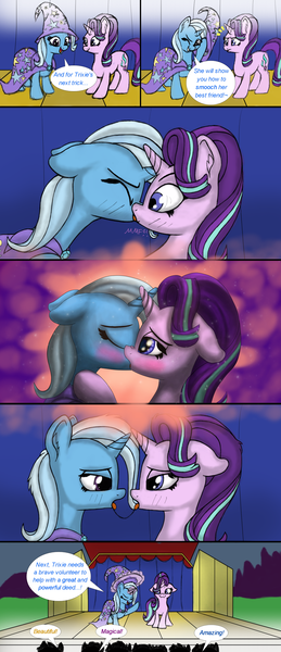 Size: 2160x5000 | Tagged: suggestive, artist:nuxersopus, derpibooru import, starlight glimmer, trixie, pony, unicorn, comic, drool, drool string, female, french kiss, high res, horn, horns are touching, kissing, lesbian, shipping, stage, startrix, wavy mouth