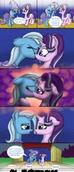 Size: 2160x5000 | Tagged: suggestive, artist:nuxersopus, derpibooru import, starlight glimmer, trixie, pony, unicorn, comic, drool, drool string, female, french kiss, high res, horn, horns are touching, kissing, lesbian, shipping, stage, startrix, wavy mouth