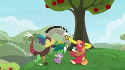 Size: 1920x1080 | Tagged: safe, derpibooru import, screencap, big macintosh, discord, spike, draconequus, dragon, pony, the big mac question, apple, apple tree, discord being discord, eye bulging, food, male, prehensile eye, sitting, stallion, tree, winged spike