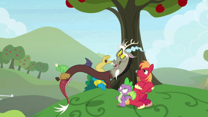 Size: 1920x1080 | Tagged: safe, derpibooru import, screencap, big macintosh, discord, spike, draconequus, dragon, earth pony, the big mac question, apple, apple tree, food, tree, winged spike