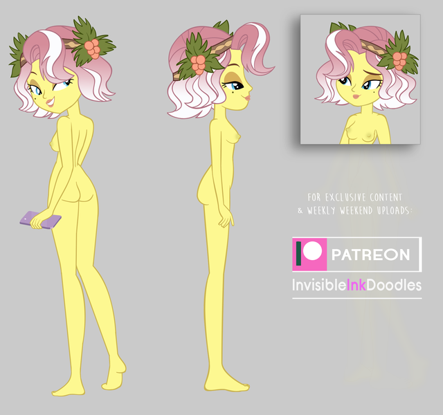 Size: 1847x1731 | Tagged: questionable, artist:invisibleink, derpibooru import, vignette valencia, equestria girls, equestria girls series, ass, barefoot, bedroom eyes, breasts, butt, complete nudity, feet, female, flower, flower in hair, full body, holly, lipstick, nipples, nudity, patreon, phone, show accurate, show accurate porn, solo, valenci-ass