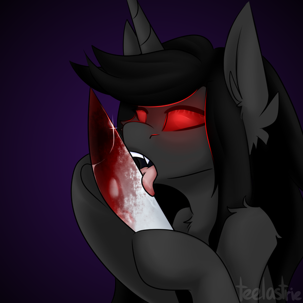 Size: 3000x3000 | Tagged: semi-grimdark, artist:teelastrie, derpibooru import, oc, oc:nub, pony, unicorn, blade lick, blood, fangs, glowing eyes, high res, horn, knife, licking, open mouth, red and black oc, red eyes, simple background, tongue out, unicorn oc