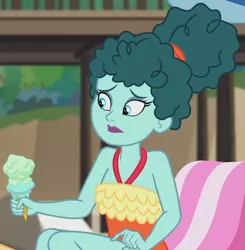 Size: 1792x1825 | Tagged: safe, derpibooru import, screencap, leafy mint, equestria girls, equestria girls series, turf war, background human, clothes, cropped, female, food, ice cream, milf, one-piece swimsuit, solo, swimsuit