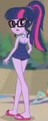 Size: 616x1547 | Tagged: safe, derpibooru import, screencap, sci-twi, twilight sparkle, equestria girls, equestria girls series, unsolved selfie mysteries, clothes, cropped, equestria girls swimsuit, female, glasses, ponytail, sci-twi swimsuit, sleeveless, solo, swimsuit