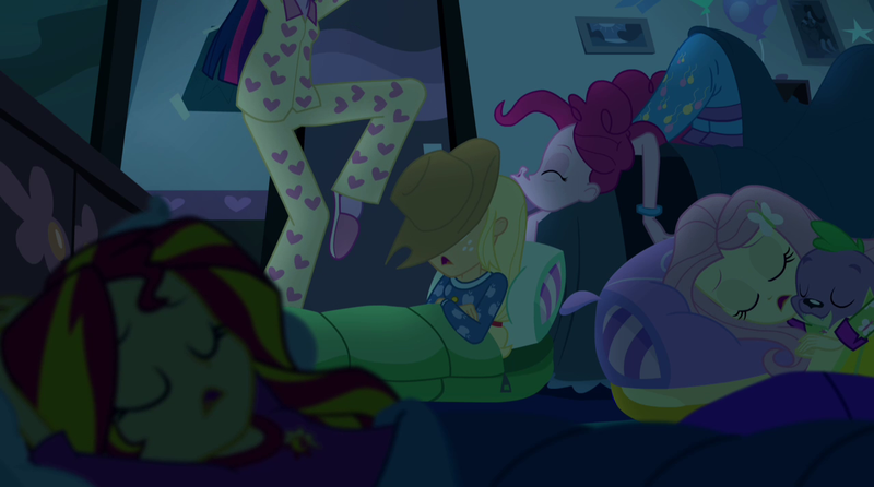 Size: 1280x714 | Tagged: safe, derpibooru import, edit, edited screencap, editor:slayerbvc, screencap, applejack, fluttershy, pinkie pie, spike, sunset shimmer, twilight sparkle, dog, equestria girls, rainbow rocks, clothes, no makeup edit, pajamas, pillow, pinkie pie's bedroom (equestria girls), sleeping, sleeping bag, sleepover, slippers, slumber party, sneaking, spike the dog, tiptoe