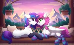 Size: 3502x2160 | Tagged: safe, artist:strafe blitz, derpibooru import, oc, oc:annie berryheart, oc:ellie berryheart, pegasus, pony, unicorn, clothes, mountain, pillow, plant pot, scenery, socks, striped socks