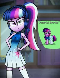 Size: 2732x3566 | Tagged: safe, artist:aryatheeditor, derpibooru import, sci-twi, twilight sparkle, pony, unicorn, pony town, equestria girls, accessories, adorasexy, bedroom, book, bookshelf, boots, clothes, cute, cutie mark, cutie mark on clothes, design, digital art, door, dress, female, geode of telekinesis, glasses, headcanon, heterochromia, human and pony, looking at you, magical geodes, mirror, outfit, photo, pose, powerful sparkle, relaxed, room, sexy, shoes, sleeveless, sleeveless dress, socks, solo, standing, thigh boots, thighs, twiabetes