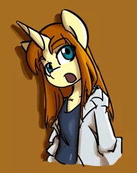 Size: 587x741 | Tagged: safe, artist:spheedc, derpibooru import, oc, oc:honey desire, unofficial characters only, pony, semi-anthro, unicorn, clothes, digital art, female, lab coat, mare, shirt, simple background, solo, undershirt