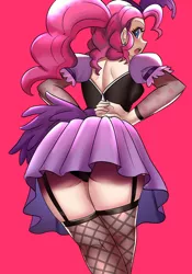 Size: 900x1286 | Tagged: suggestive, artist:tzc, derpibooru import, pinkie pie, human, equestria girls, over a barrel, anime, ass, balloonbutt, blushing, breasts, butt, classy, clothes, dress, female, fishnets, garters, looking back, open mouth, panties, saloon dress, saloon pinkie, simple background, skirt, solo, solo female, stupid sexy pinkie, thighs, underskirt, underwear, undressing, upskirt, zipper
