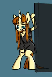 Size: 482x722 | Tagged: suggestive, artist:spheedc, derpibooru import, oc, oc:honey desire, unofficial characters only, pony, semi-anthro, unicorn, clothes, digital art, female, hair up, mare, oversized clothes, oversized shirt, shirt, simple background, solo, wall